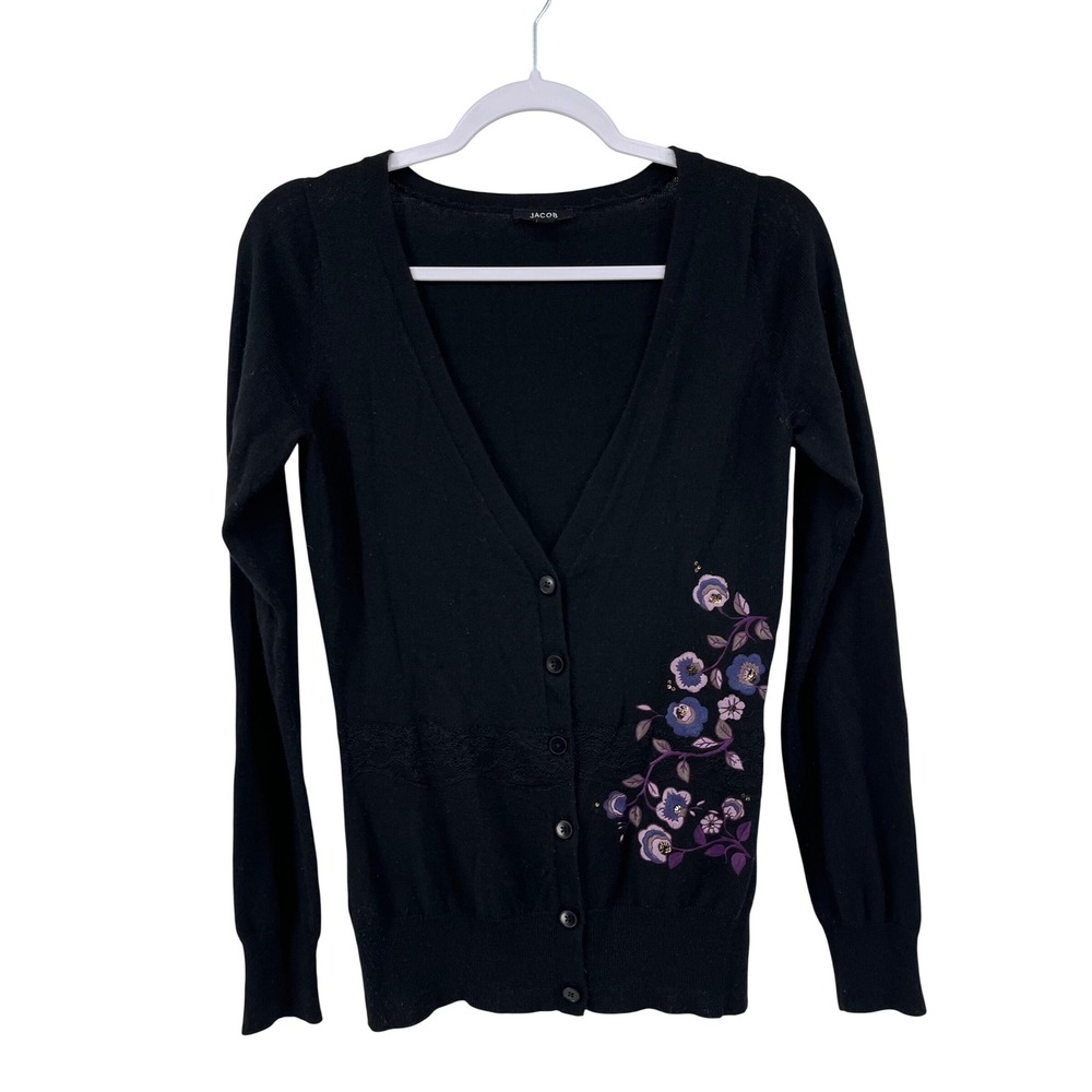 Jacob Womens Black Wool Blend Floral Embroidered Lace V-Neck Cardigan Size‎ M